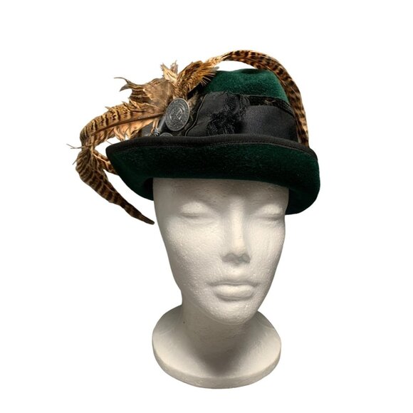 Tyrolean Green Felt Fedora Hat With Feather & Button Accents Size 22 - Picture 1 of 12